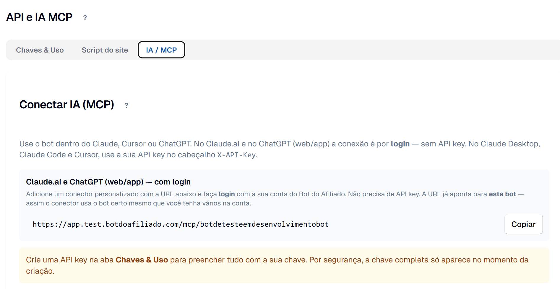 Aba IA / MCP do painel mostrando a URL do conector MCP do bot (que funciona no Claude, ChatGPT e Cursor) e o botão Copiar