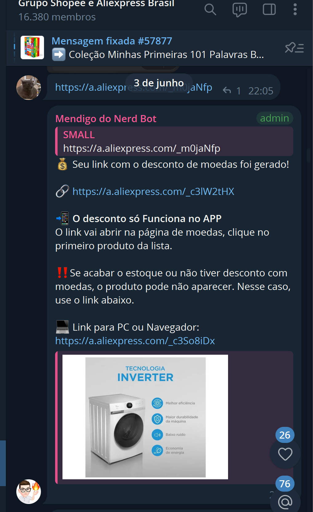 Bot gerando o link de desconto de moedas do AliExpress, com aviso de que o desconto funciona no app e um link alternativo para PC