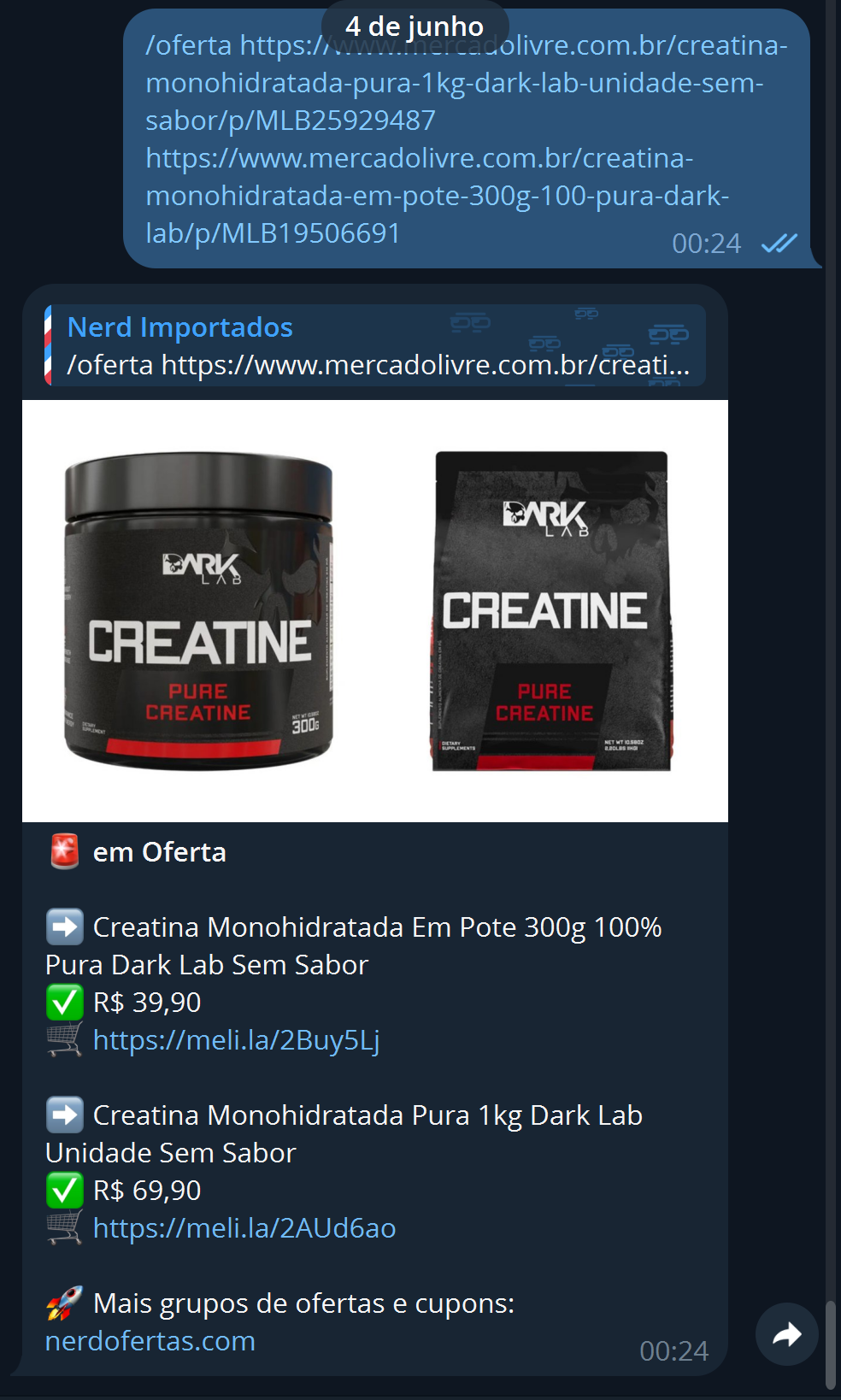 Post de oferta gerado pelo /oferta no Telegram: foto dos produtos, título, preço e link curto